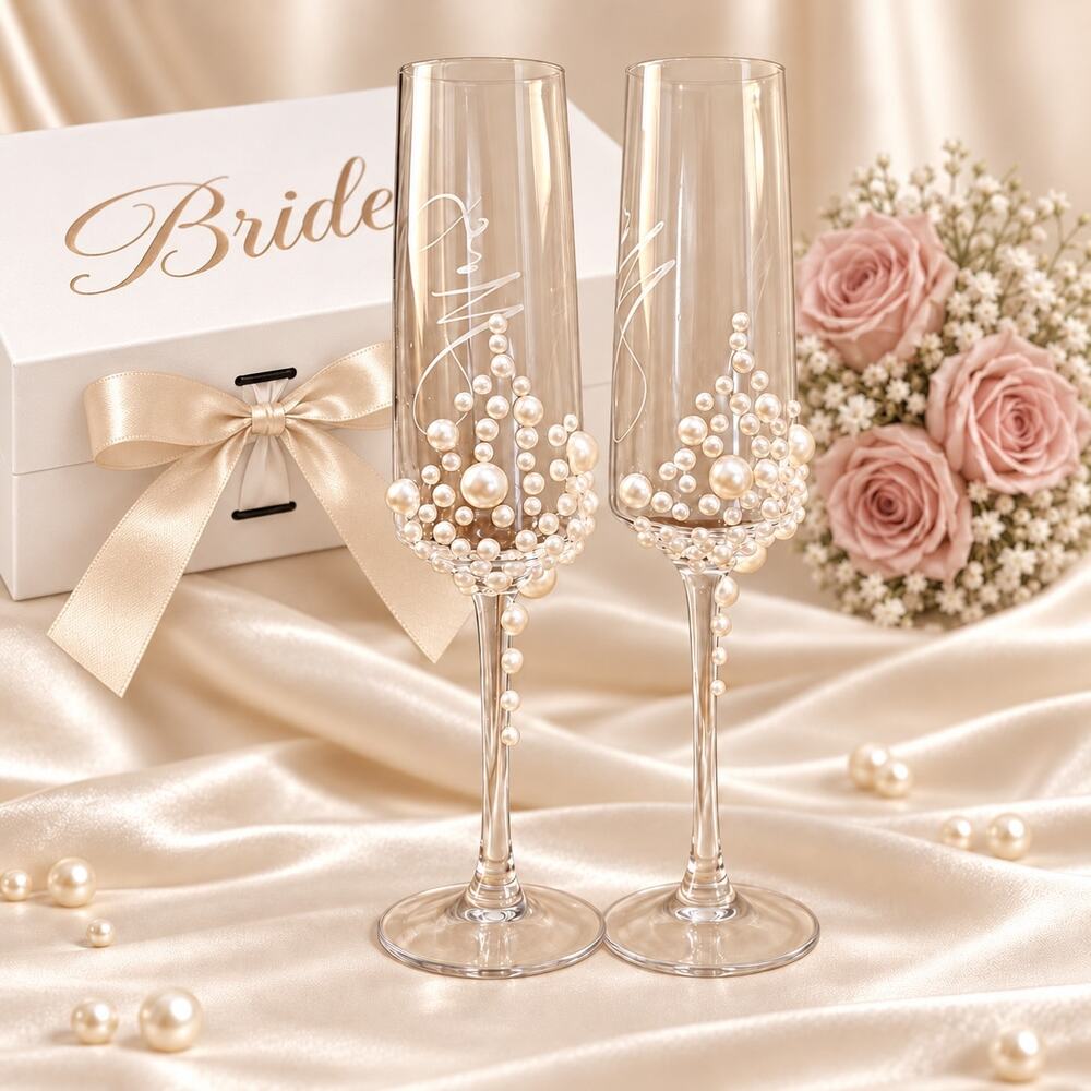 Mr. & Mrs. Pearl Wedding Champagne Flutes with Bridal Gift Box – Set of 2